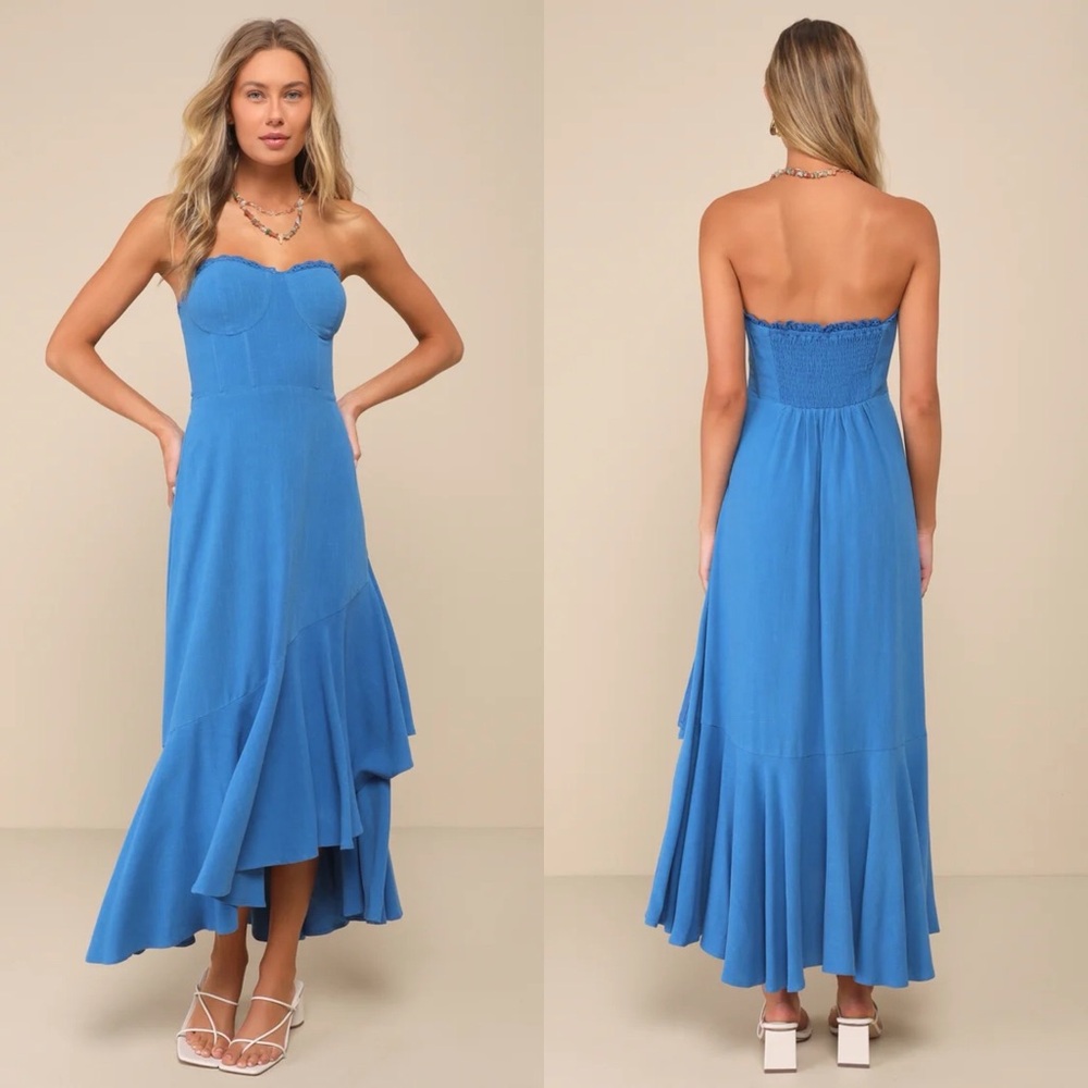 Lulu's Bright Blue Linen Strapless Ruffled Midi Dress